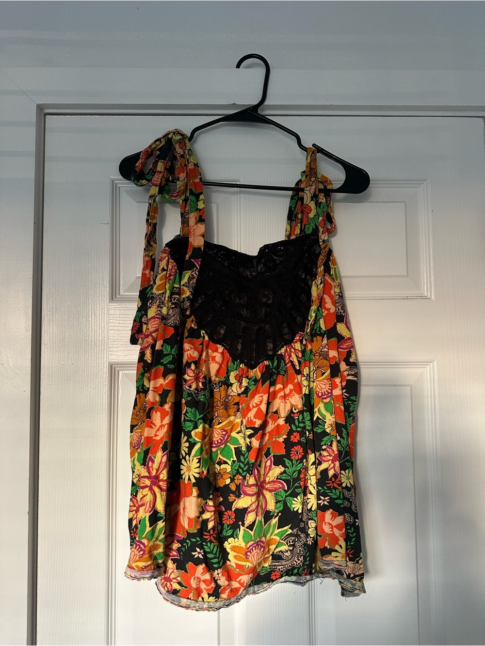Free People Floral Tie-Shoulder Tank Top with Black Lace Yoke